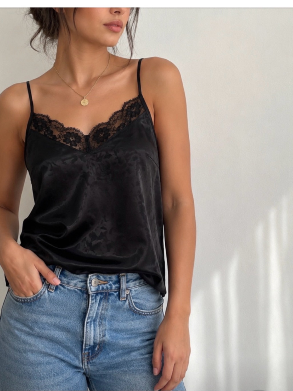 Adore Me Black Satin Lace Cami Top